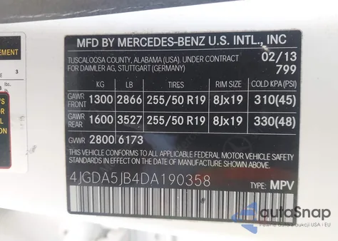 2013 Mercedes-Benz Ml 350 from USA, damaged, VIN 4JGDA5JB4DA190358